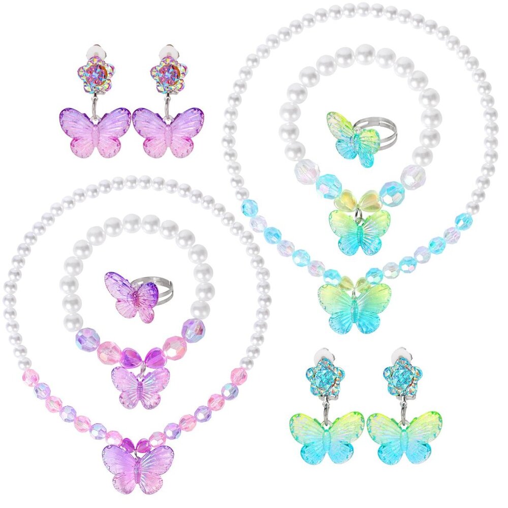 Butterfly Princess Jewelry Set Stretch Necklace Bracelet Ring Earrings Dress Up